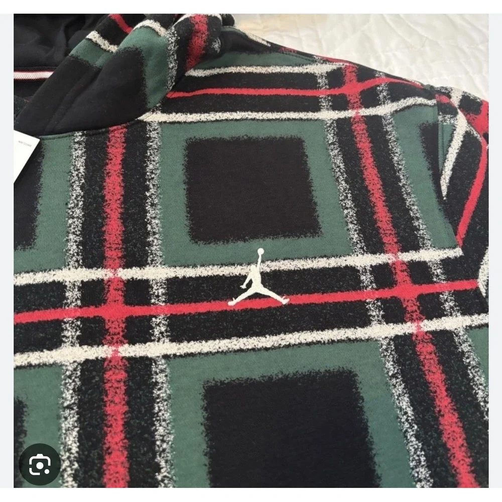 New NIKE Jordan‎ Essentials Green Red Plaid Fleece Pullover Hoodie Men's XXL